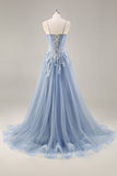 Sparkly Purple Grey A Line Corset Beaded Long Formal Dress with Slit