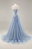 A Line Strapless Sheer Dusty Blue Corset Beaded Long Formal Dress with Slit