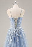 A Line Strapless Sheer Dusty Blue Corset Beaded Long Formal Dress with Slit