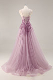 Sparkly Purple Grey A Line Corset Beaded Long Formal Dress with Slit