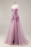 Sparkly Purple Grey A Line Corset Beaded Long Formal Dress with Slit