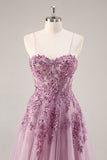 Sparkly Purple Grey A Line Corset Beaded Long Formal Dress with Slit