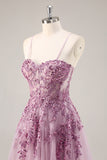 Sparkly Purple Grey A Line Corset Beaded Long Formal Dress with Slit