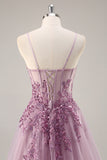 Sparkly Purple Grey A Line Corset Beaded Long Formal Dress with Slit