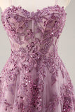 Sparkly Purple Grey A Line Corset Beaded Long Formal Dress with Slit