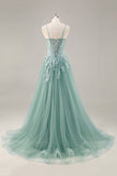 Sparkly Purple Grey A Line Corset Beaded Long Formal Dress with Slit
