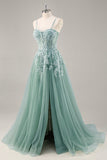Sparkly Purple Grey A Line Corset Beaded Long Formal Dress with Slit