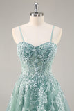 Sparkly Purple Grey A Line Corset Beaded Long Formal Dress with Slit