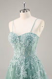 Sparkly Purple Grey A Line Corset Beaded Long Formal Dress with Slit
