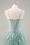 Sparkly Purple Grey A Line Corset Beaded Long Formal Dress with Slit