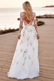White Tulle A Line V-Neck Long Sleeves Boho Wedding Dress