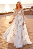 White Tulle A Line V-Neck Long Sleeves Boho Wedding Dress