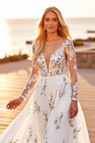 White Tulle A Line V-Neck Long Sleeves Boho Wedding Dress