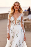 White Tulle A Line V-Neck Long Sleeves Boho Wedding Dress