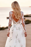 White Tulle A Line V-Neck Long Sleeves Boho Wedding Dress