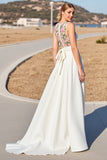 White Floral Satin A Line Sweep Train Boho Wedding Dress