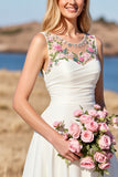 White Floral Satin A Line Sweep Train Boho Wedding Dress