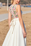 White Floral Satin A Line Sweep Train Boho Wedding Dress