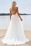 White A Line Chiffon Deep V-Neck Sweep Train Boho Wedding Dress with Lace