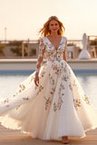 White Floral Tulle Ball Gown Long Sleeves Wedding Dress