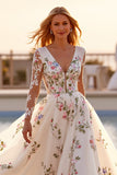 White Floral Tulle Ball Gown Long Sleeves Wedding Dress