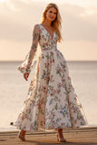 White Tulle Floral V-Neck Long Sleeves Long Wedding Dress