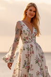 White Tulle Floral V-Neck Long Sleeves Long Wedding Dress