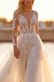 White Tulle Appliqued A Line Long Sleeves Wedding Dress