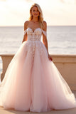 Blush Off the Shoulder Tulle Sweep Train Boho Wedding Dress with Appliques