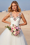 White Tulle A Line Floral Boho Sweep Train Wedding Dress