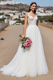 White Tulle A Line Boho Sweep Train Wedding Dress with Lace