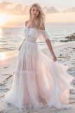 White Off The Shoulder Tulle Sweep Train Boho Wedding Dress with Lace