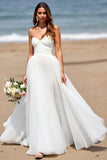 White Sweetheart A Line Tulle Sweep Train Boho Wedding Dress