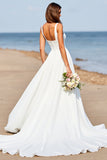 White Chiffon A Line Square Neck Boho Sweep Train Wedding Dress