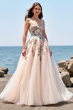 Blush Embroidered Tulle A Line Floor Length Boho Wedding Dress