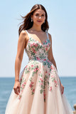 Blush Embroidered Tulle A Line Floor Length Boho Wedding Dress