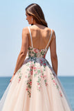 Blush Embroidered Tulle A Line Floor Length Boho Wedding Dress