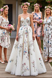 White Tulle A Line Floor Length Boho Wedding Dress with Embroidery
