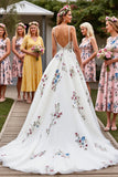 White Tulle A Line Floor Length Boho Wedding Dress with Embroidery