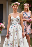 White Tulle A Line Floor Length Boho Wedding Dress with Embroidery