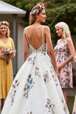White Tulle A Line Floor Length Boho Wedding Dress with Embroidery