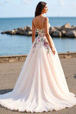 Blush Tulle A Line Embroidered Sweep Train Boho Wedding Dress