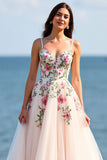 Blush Tulle A Line Embroidered Sweep Train Boho Wedding Dress