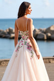 Blush Tulle A Line Embroidered Sweep Train Boho Wedding Dress