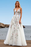 White V Neck Tulle A Line Sweep Train Boho Wedding Dress with Embroidery