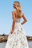 White V Neck Tulle A Line Sweep Train Boho Wedding Dress with Embroidery