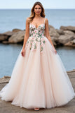 Blush Floral Tulle A Line Sweep Train Boho Wedding Dress