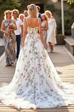 White A Line Sweep Train Boho Wedding Dress with Embroidery