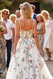 White A Line Sweep Train Boho Wedding Dress with Embroidery
