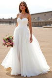 Sweetheart White Chiffon A Line Sweep Train Boho Wedding Dress